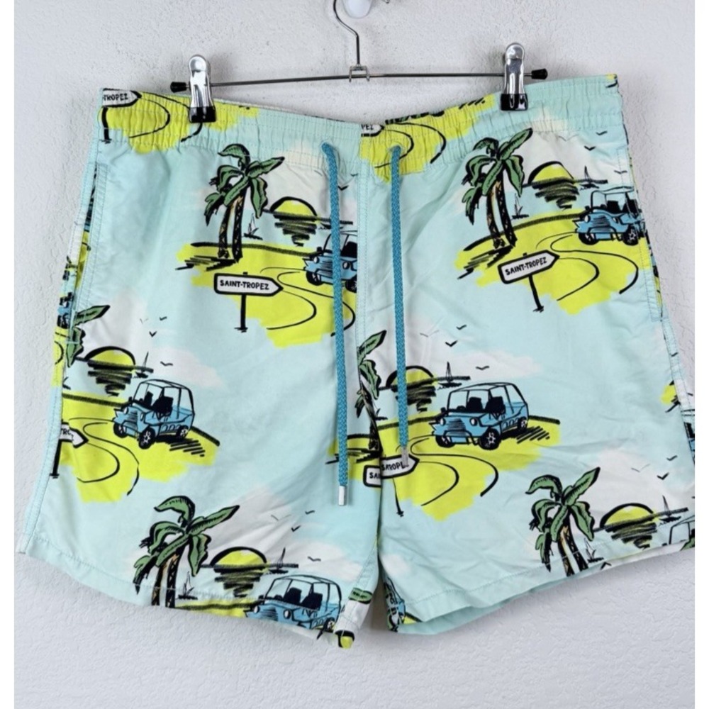 Vilebrequin Swim Trunks Men's L Aqua Saint Tropez Car Palm Tree Print Coastal